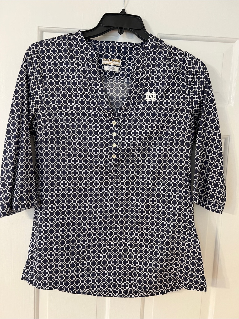 Notre Dame Peter Millar Navy and White Geometric Henley 3/4 Sleeve Top